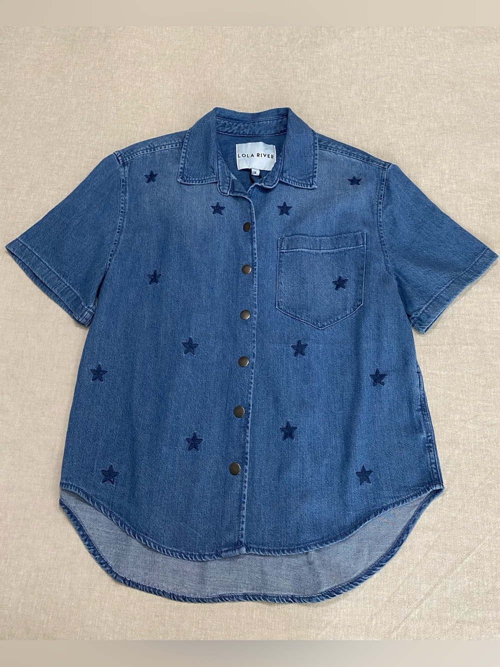 LOLA RIVER Star Embroidered Blue Denim Button-Down Shirt Sz S Western Boho